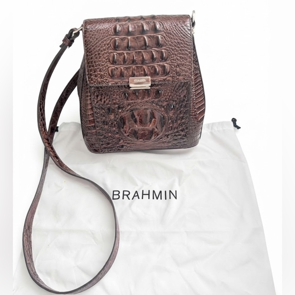 Brahmin Margo Crossbody Bag in Pecan Melbourne Croc Embossed Leather LIKE NEW